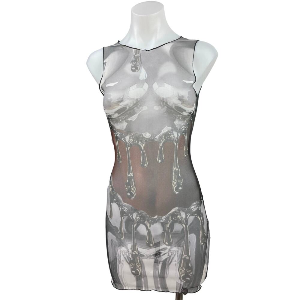 NEW PrettyLittleThing Silver Body Print Mesh Sleeveless Bodycon Mini Dress Sz 6